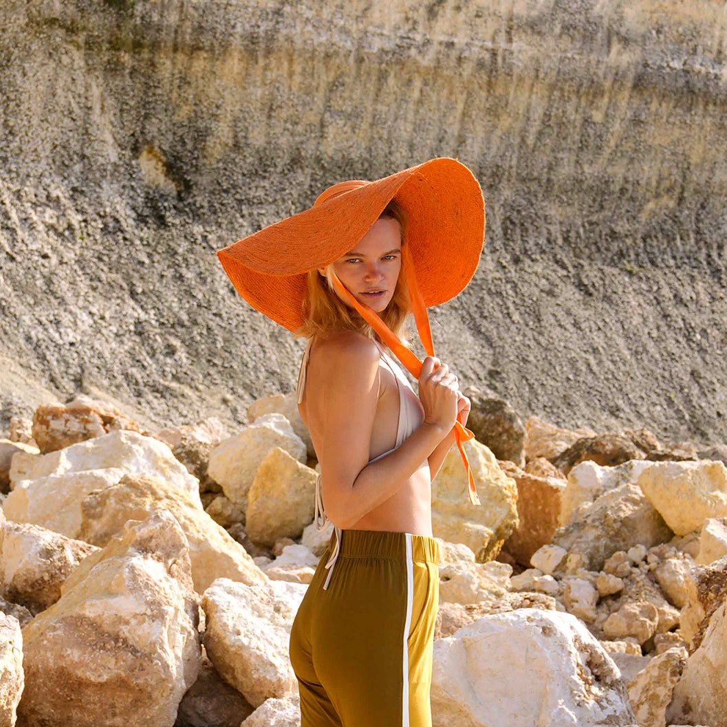 LOLA Wide Brim Jute Straw Hat In Orange - Guy Christopher