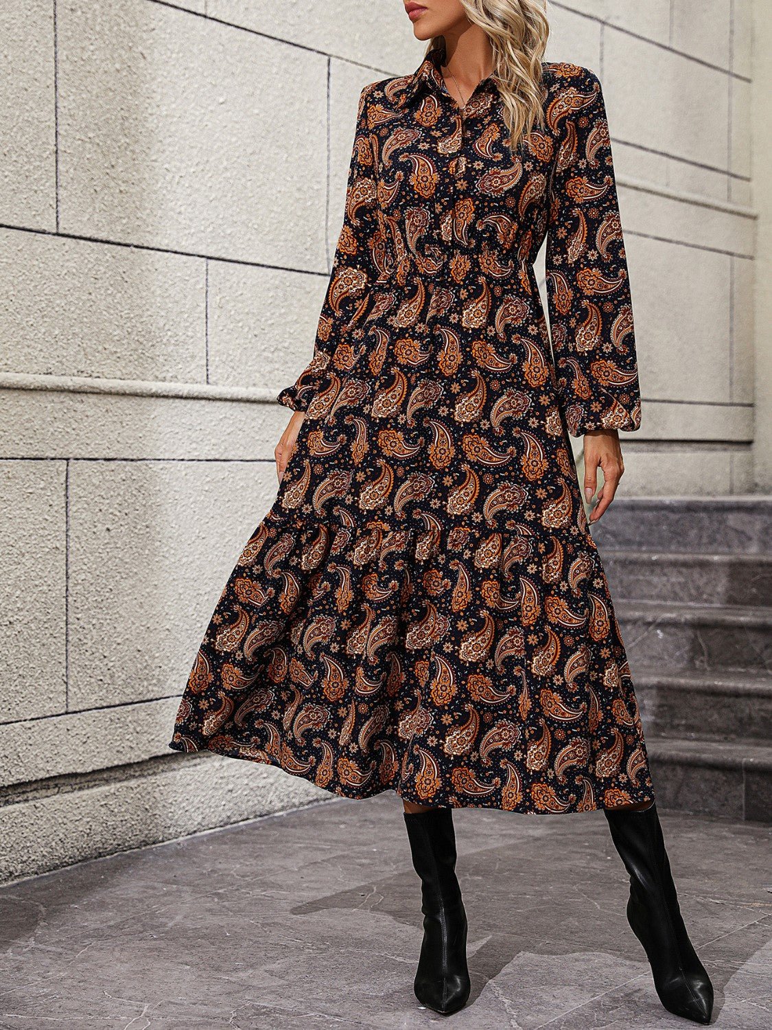 Long Sleeve Collared Midi Dress - Guy Christopher