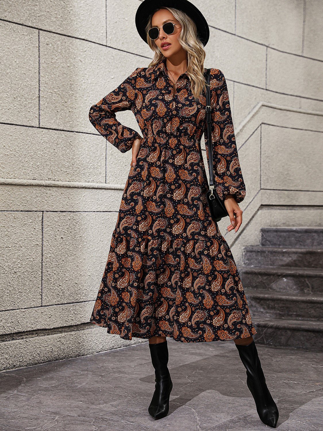 Long Sleeve Collared Midi Dress - Guy Christopher