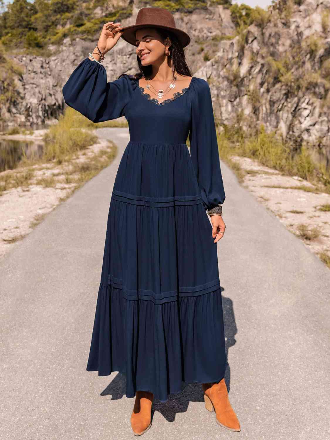 Long Sleeve Lace Trim Maxi Dress - Guy Christopher