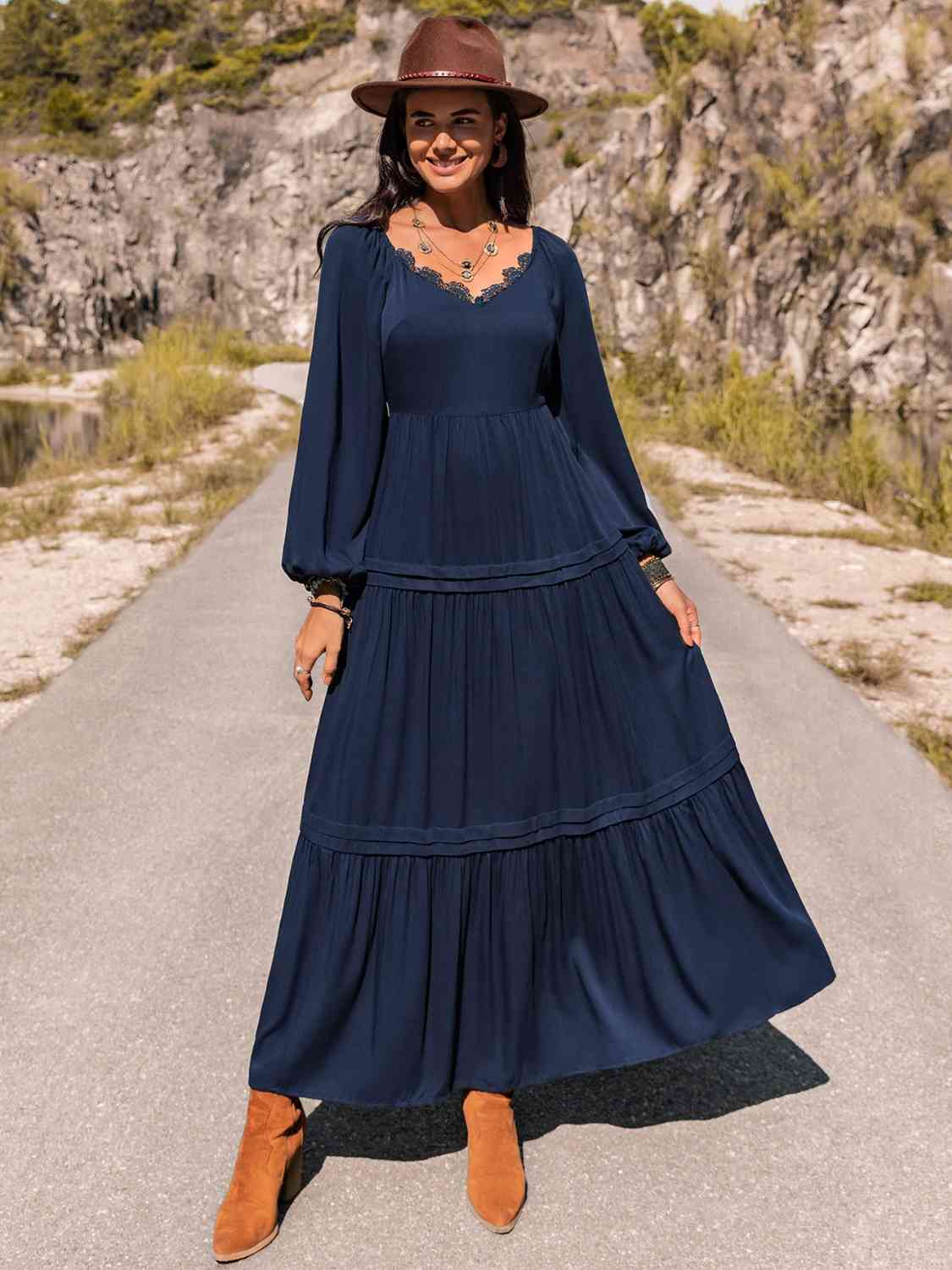 Long Sleeve Lace Trim Maxi Dress - Guy Christopher