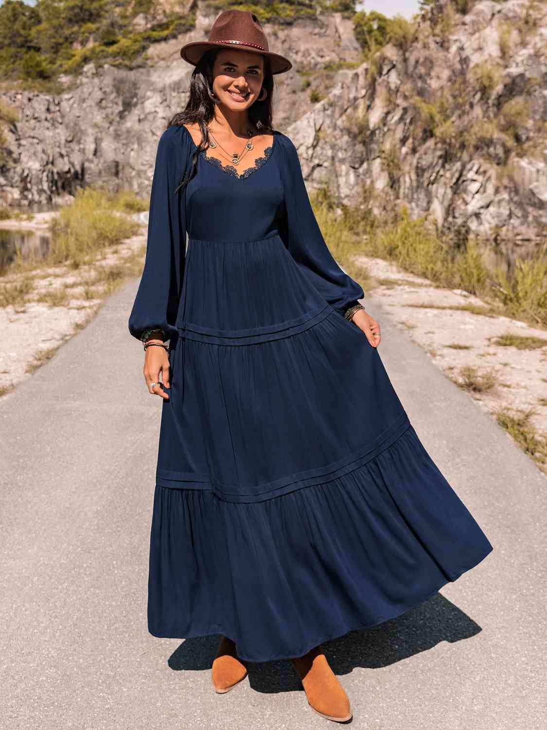 Long Sleeve Lace Trim Maxi Dress - Guy Christopher