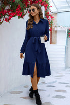 Long Sleeve Tie Waist Shirt Dress - Guy Christopher