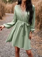 Long Sleeve Tie Waist V-Neck Mini Dress - Guy Christopher