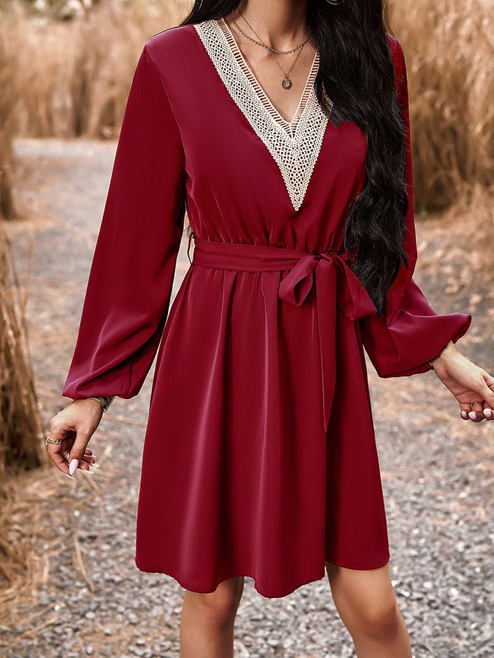 Long Sleeve Tie Waist V-Neck Mini Dress - Guy Christopher