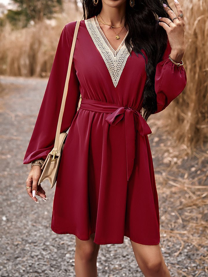 Long Sleeve Tie Waist V-Neck Mini Dress - Guy Christopher