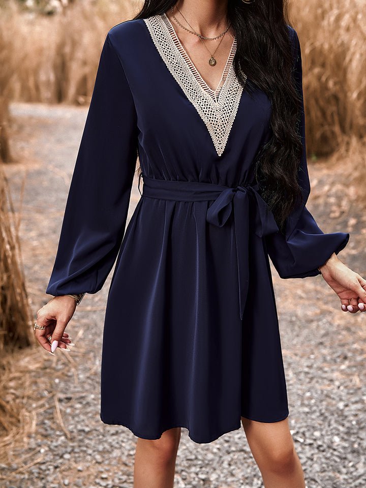 Long Sleeve Tie Waist V-Neck Mini Dress - Guy Christopher