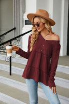 Long Sleeve V-Neck Cable-Knit Blouse - Guy Christopher