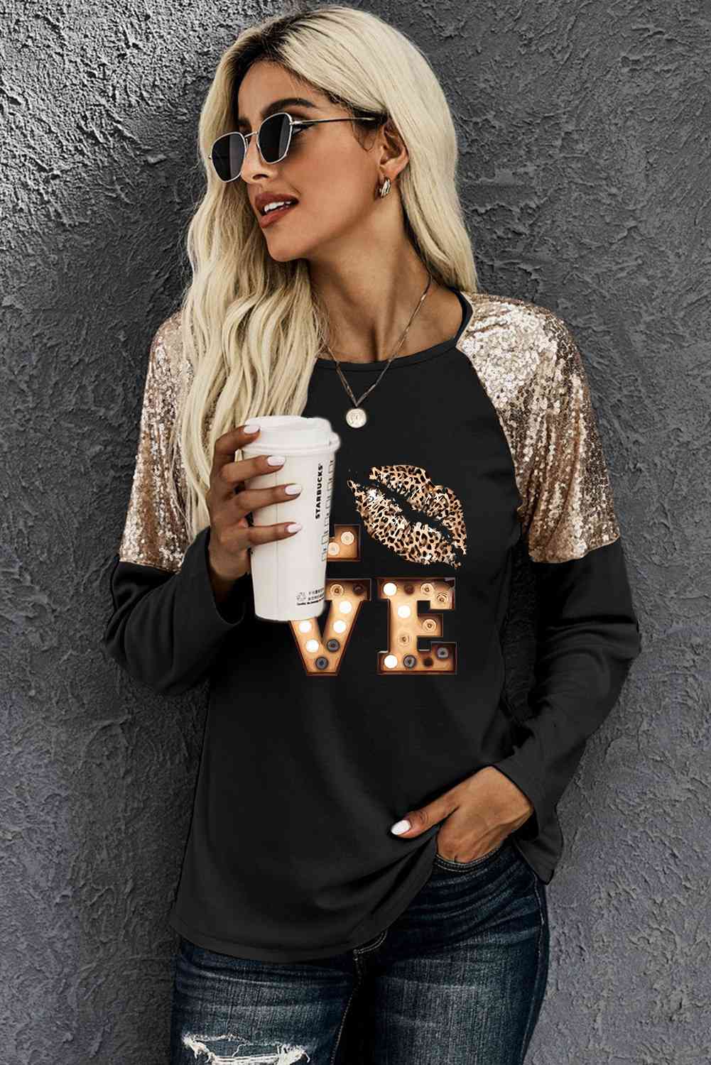 LOVE Graphic Sequin Long Sleeve T-Shirt - Guy Christopher