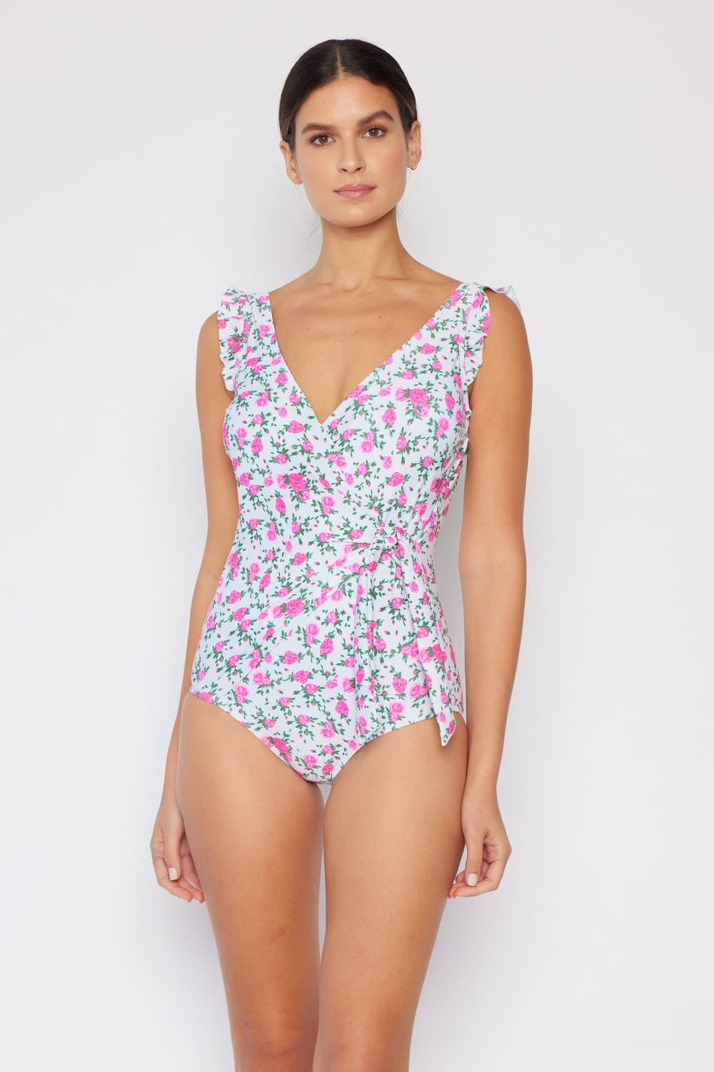 Marina West Swim Full Size Float On Ruffle Faux Wrap One-Piece in Roses Off-White - Guy Christopher