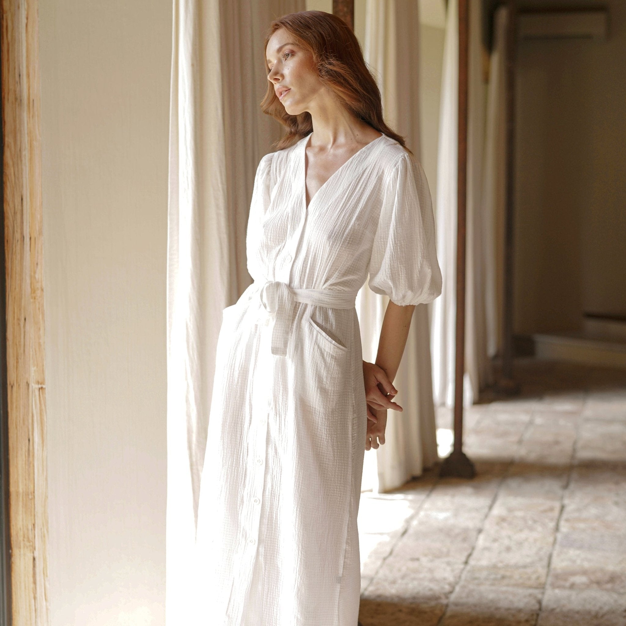 Meghan Crinkle Midi Dress, in Off-White - Guy Christopher