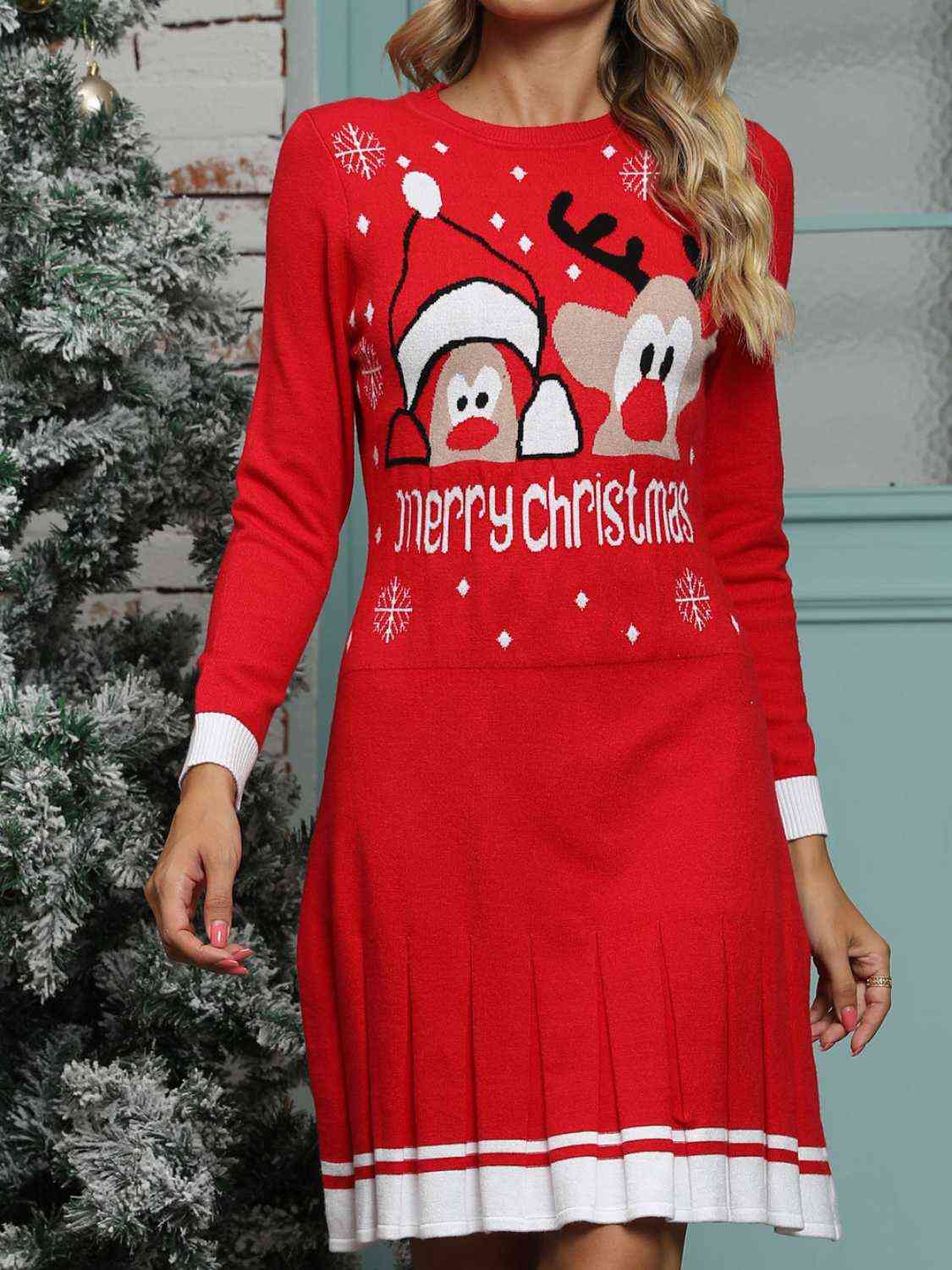 MERRY CHRISTMAS Graphic Pleated Sweater Dress - Guy Christopher