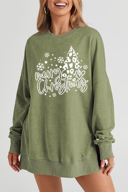 MERRY CHRISTMAS Round Neck Long Sleeve Slit Sweatshirt - Guy Christopher