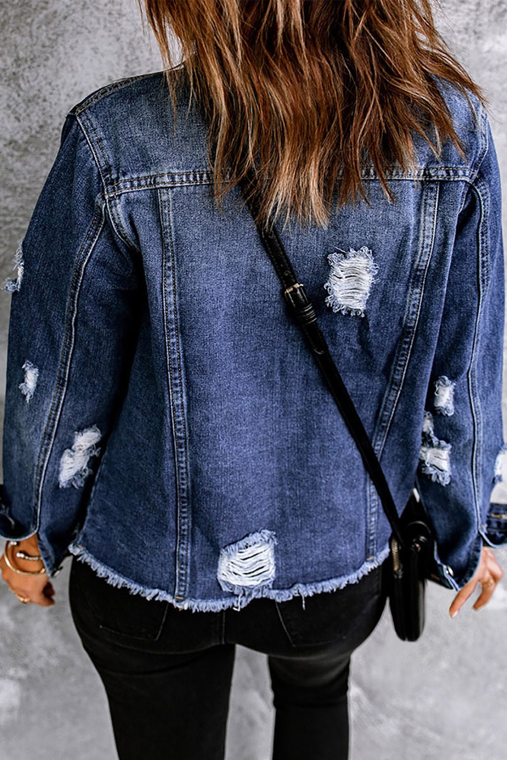 Mixed Print Distressed Button Front Denim Jacket - Guy Christopher