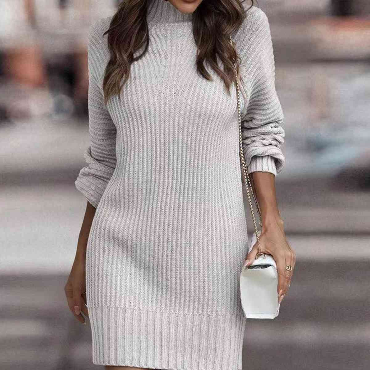 Mock Neck Lantern Sleeve Sweater Dress - Guy Christopher