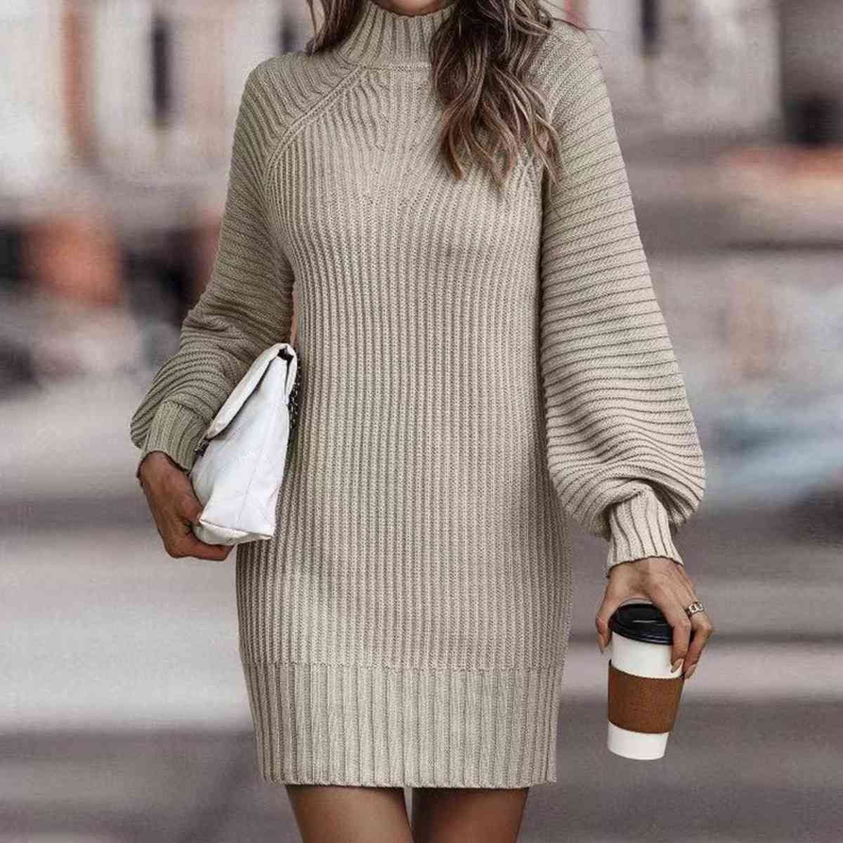 Mock Neck Lantern Sleeve Sweater Dress - Guy Christopher