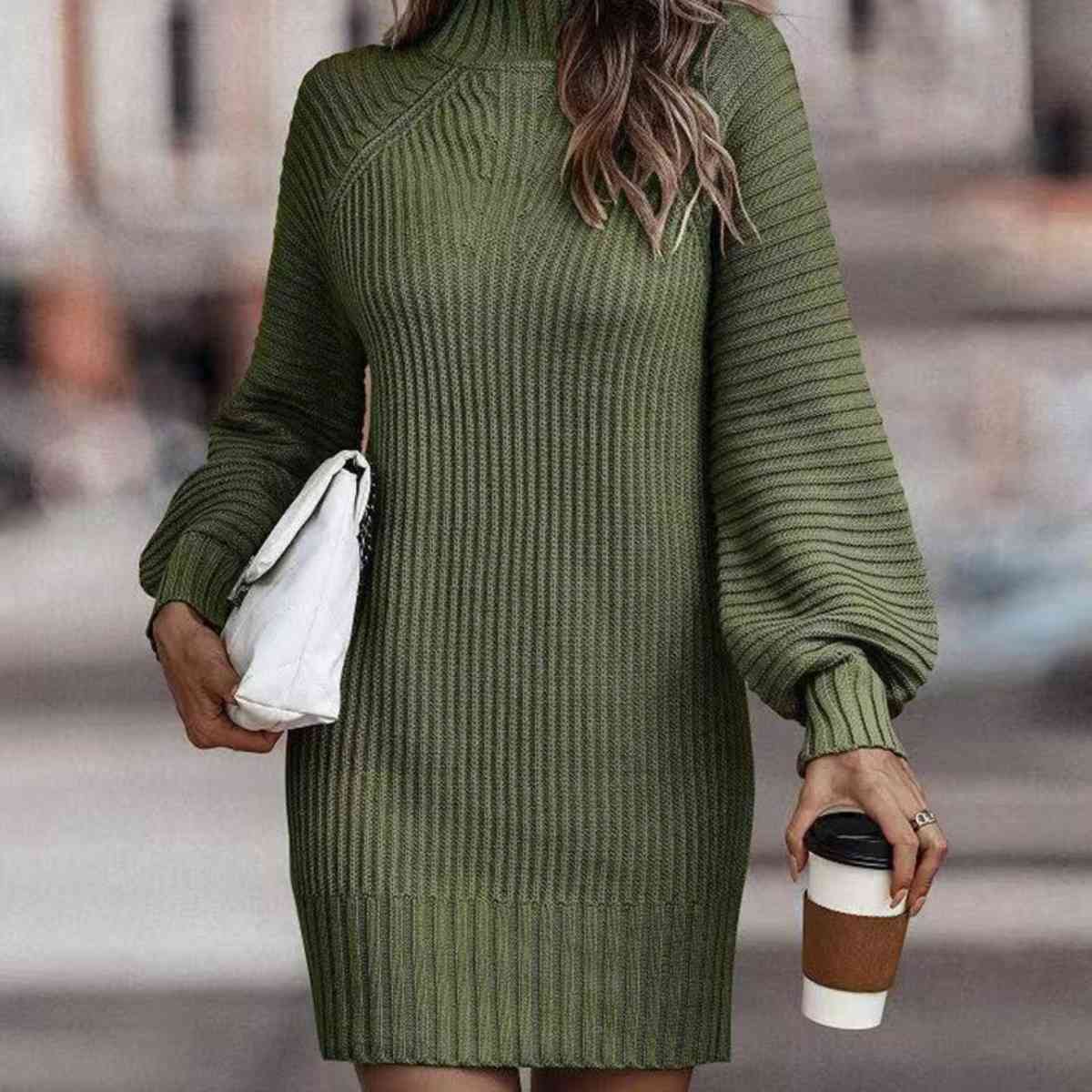 Mock Neck Lantern Sleeve Sweater Dress - Guy Christopher