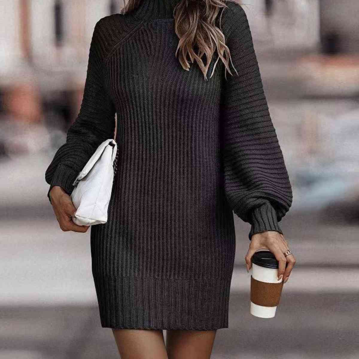 Mock Neck Lantern Sleeve Sweater Dress - Guy Christopher