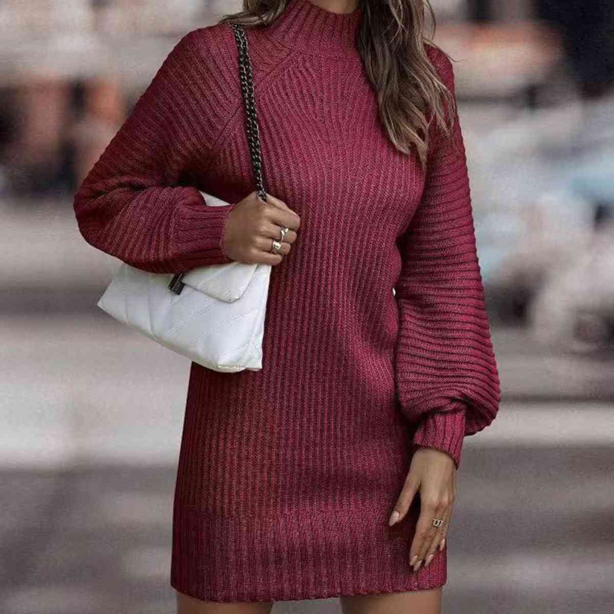 Mock Neck Lantern Sleeve Sweater Dress - Guy Christopher