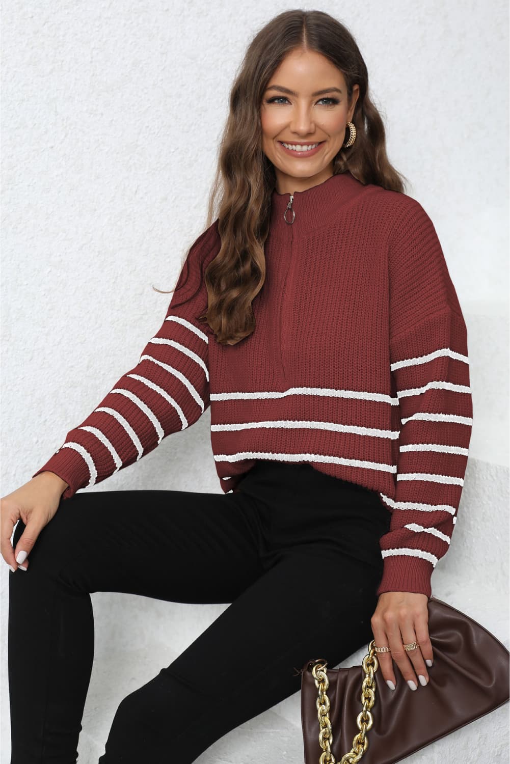 Mock Neck Long Sleeve Zip-Up Sweater - Guy Christopher