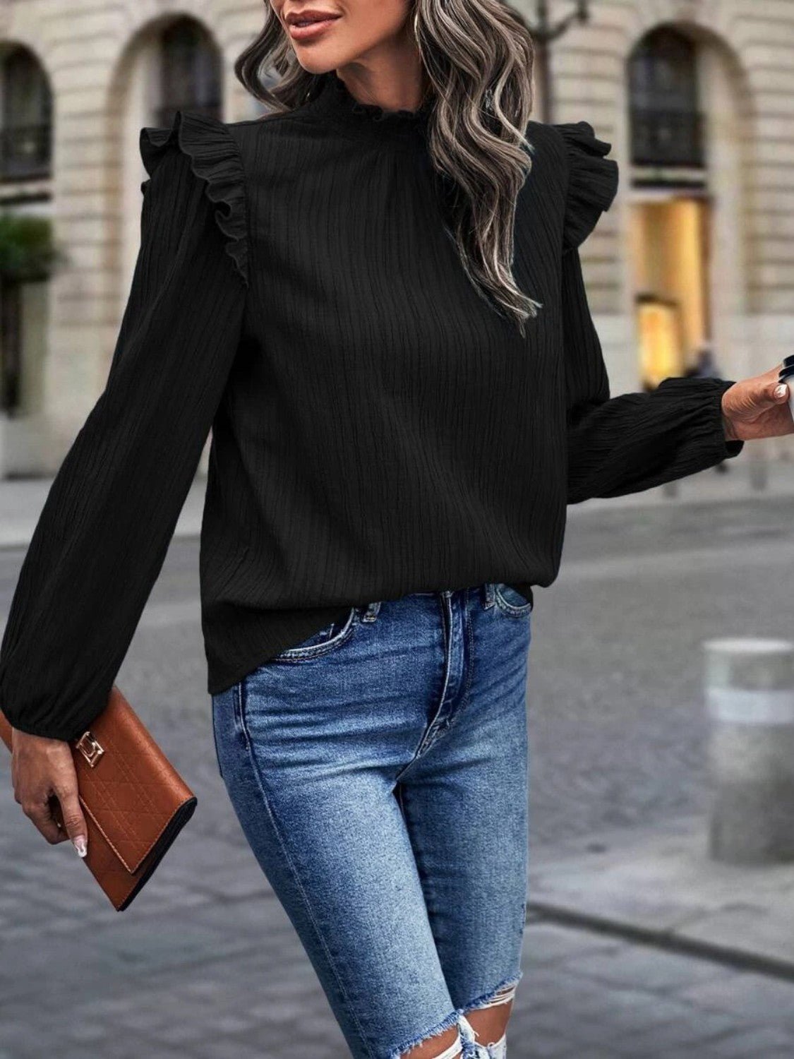 Mock Neck Ruffle Shoulder Blouse - Guy Christopher