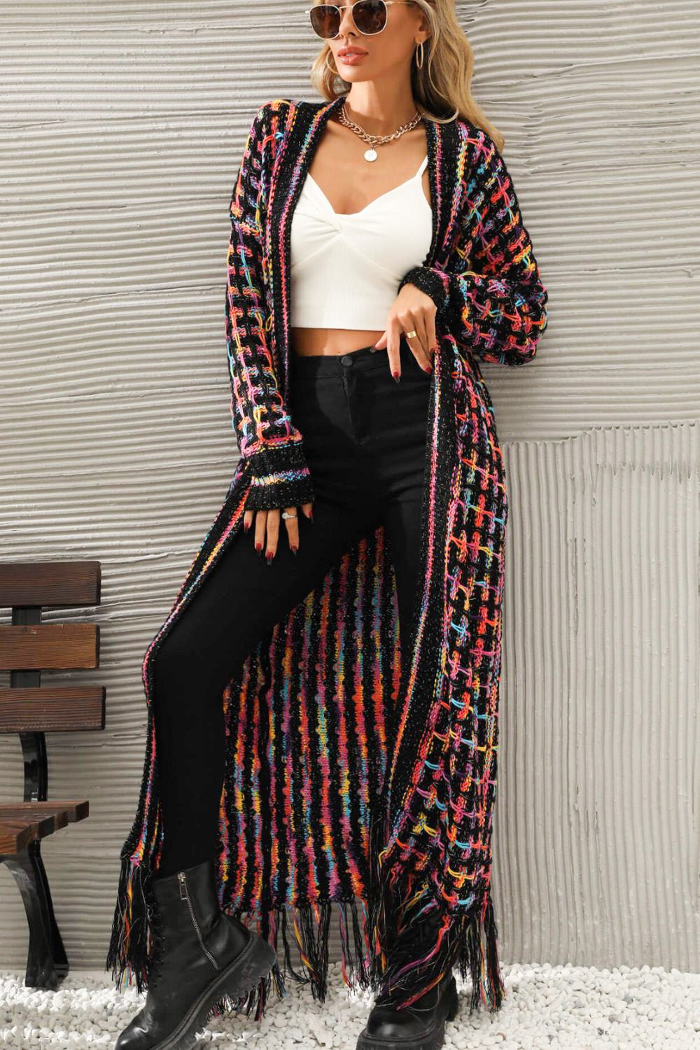 "Multicolored Open Front Fringe Hem Cardigan - A Garden of Romance at Your Fingertips - Elevate Your Style with Vibrant Colors" - Guy Christopher