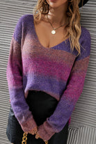 Multicolored Rib-Knit V-Neck Knit Pullover - Guy Christopher