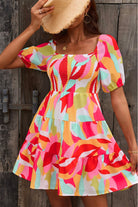 Multicolored Square Neck Smocked Mini Dress - Guy Christopher