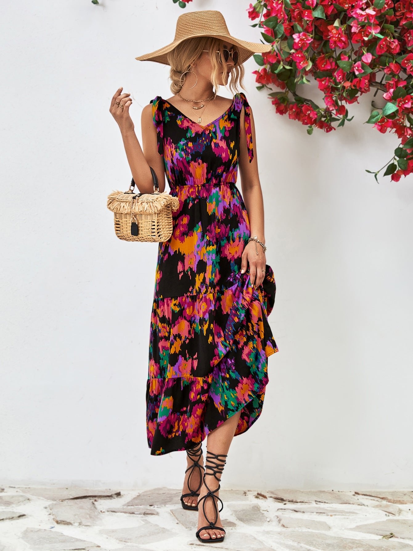 Multicolored V-Neck Backless Midi Dress - Guy Christopher