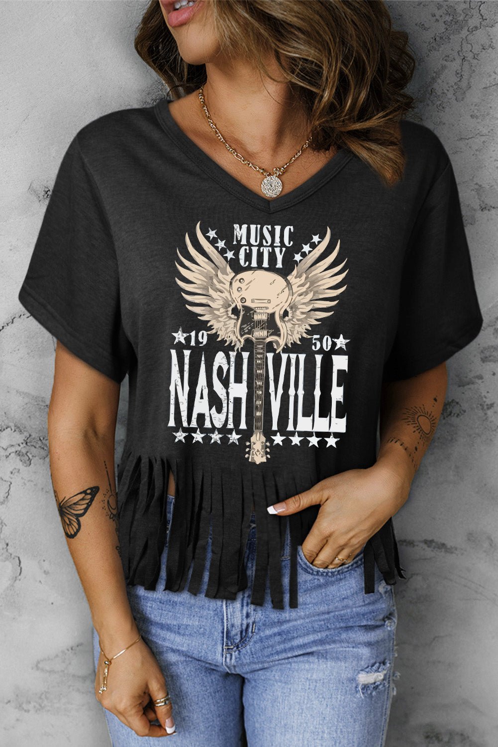 Music City 1950 Nashville Graphic Fringe Hem Tee - Let Nashville's Romance Embrace You - Fall in Love with Luxurious Comfort and Bohemian Sophistication - Guy Christopher