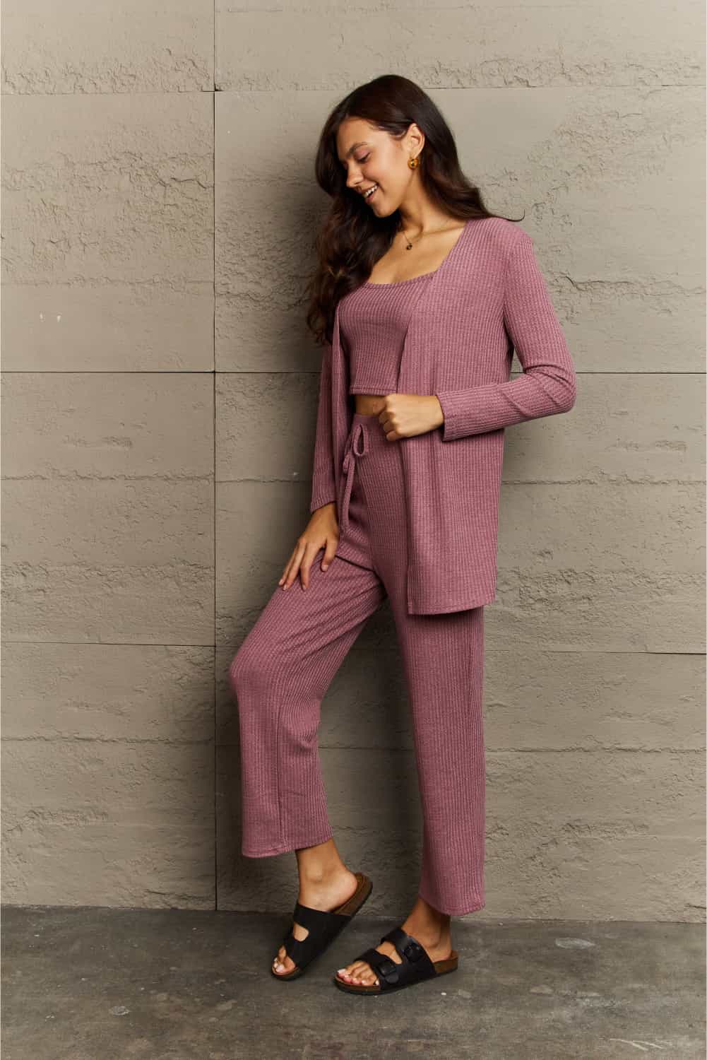 Ninexis Full Size Cropped Top, Long Pants and Cardigan Lounge Set - Guy Christopher