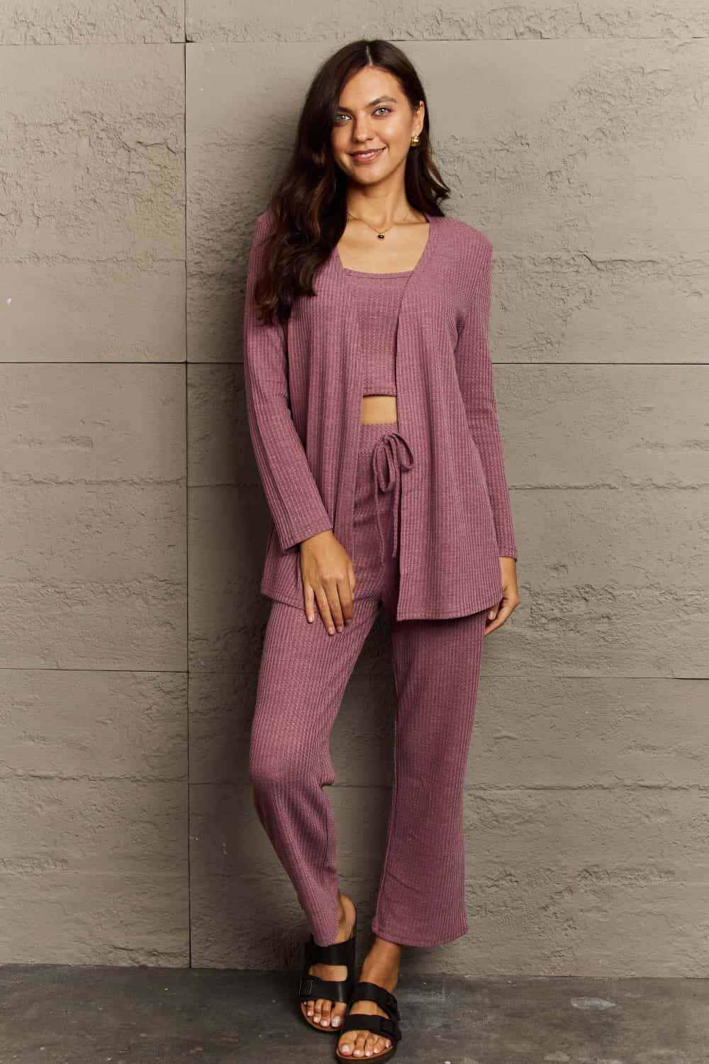 Ninexis Full Size Cropped Top, Long Pants and Cardigan Lounge Set - Guy Christopher