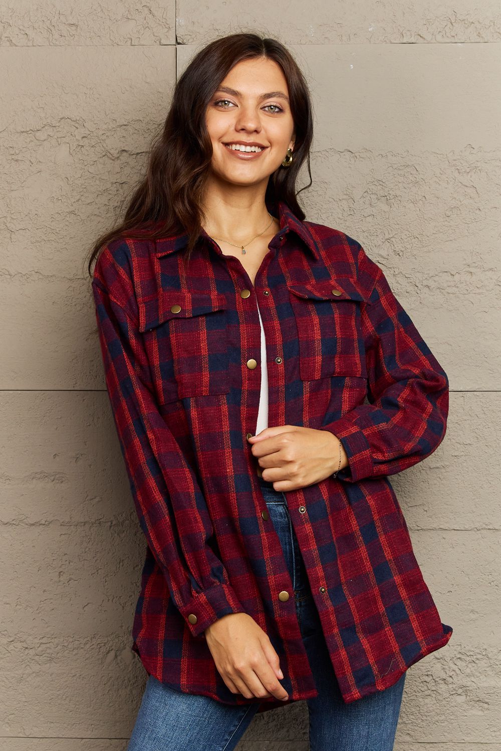 Ninexis Full Size Plaid Collared Neck Button-Down Long Sleeve Jacket - Guy Christopher