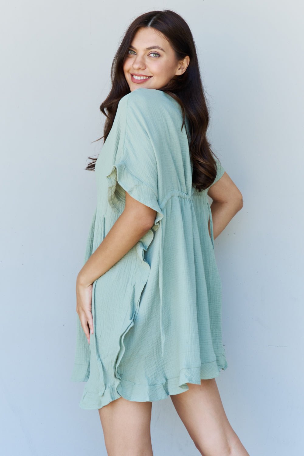 Ninexis Out Of Time Full Size Ruffle Hem Dress with Drawstring Waistband in Light Sage - Guy Christopher