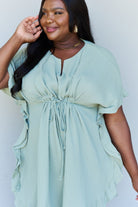 Ninexis Out Of Time Full Size Ruffle Hem Dress with Drawstring Waistband in Light Sage - Guy Christopher