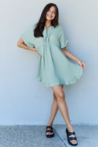 Ninexis Out Of Time Full Size Ruffle Hem Dress with Drawstring Waistband in Light Sage - Guy Christopher