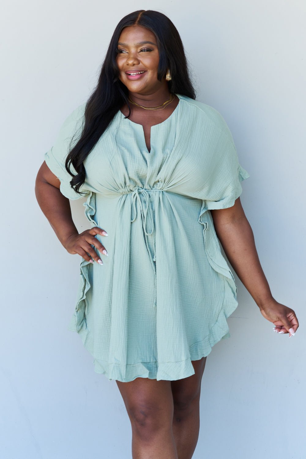 Ninexis Out Of Time Full Size Ruffle Hem Dress with Drawstring Waistband in Light Sage - Guy Christopher