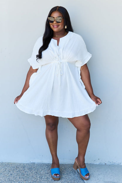 Ninexis Out Of Time Full Size Ruffle Hem Dress with Drawstring Waistband in White - Guy Christopher