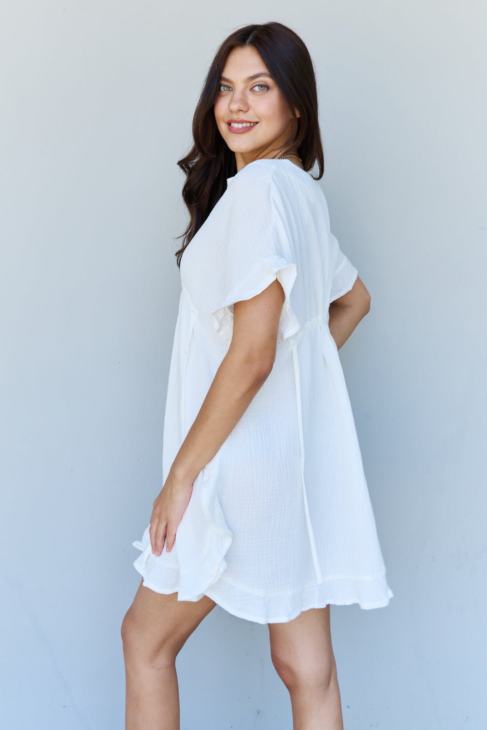 Ninexis Out Of Time Full Size Ruffle Hem Dress with Drawstring Waistband in White - Guy Christopher