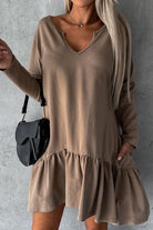 Notched Long Sleeve Ruffle Hem Mini Dress - Guy Christopher