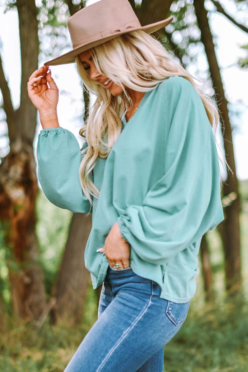 Notched Neck Balloon Sleeve Blouse - Guy Christopher