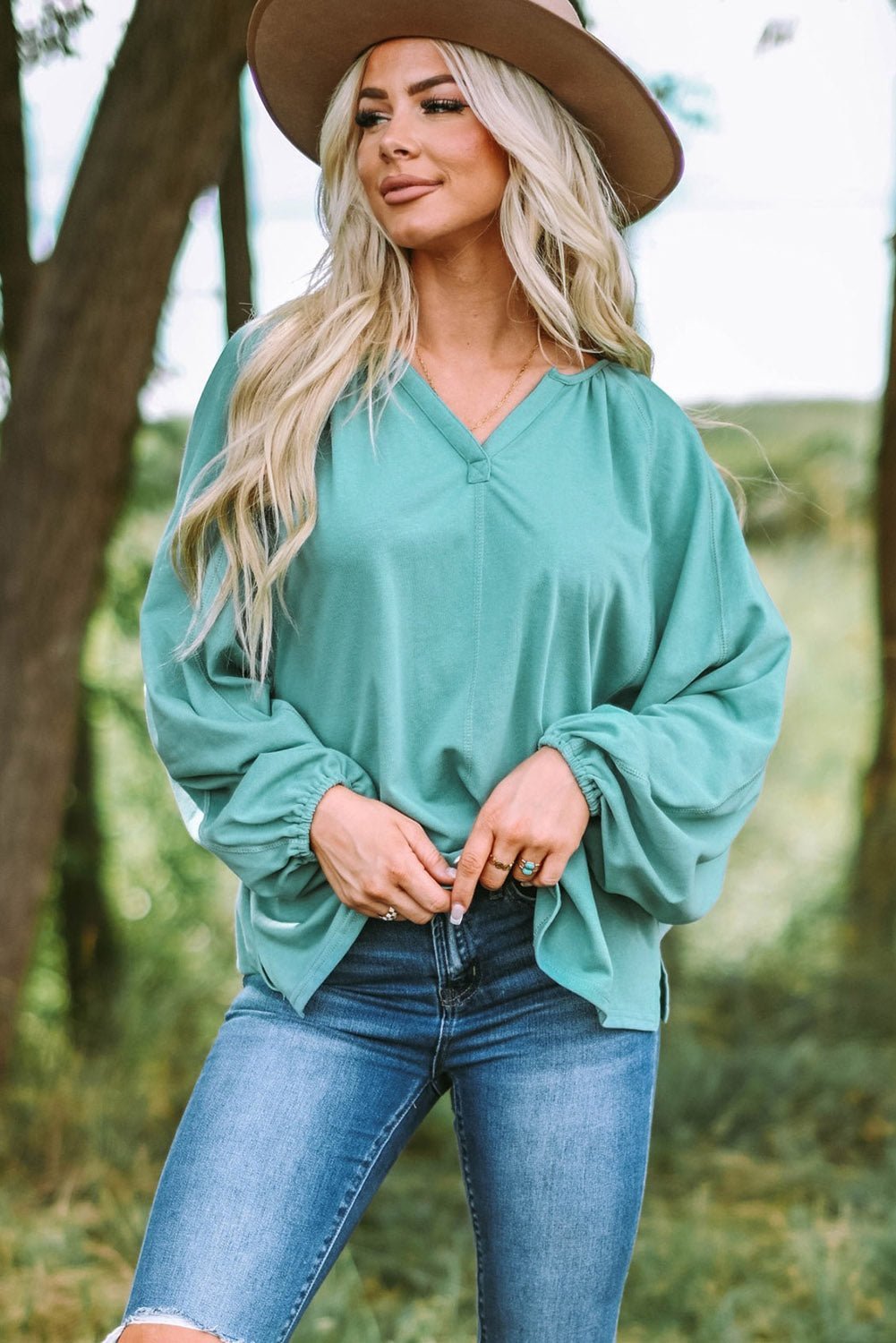 Notched Neck Balloon Sleeve Blouse - Guy Christopher