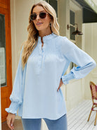 Notched Neck Button-UP Smocked Flounce Sleeve Blouse - Guy Christopher