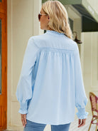 Notched Neck Button-UP Smocked Flounce Sleeve Blouse - Guy Christopher