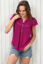 Notched Neck Buttoned Flutter Sleeve Blouse - Guy Christopher