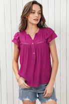 Notched Neck Buttoned Flutter Sleeve Blouse - Guy Christopher