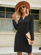 Notched Neck Cable-Knit Slit Sweater Dress - Guy Christopher