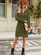 Notched Neck Cable-Knit Slit Sweater Dress - Guy Christopher