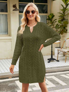 Notched Neck Cable-Knit Slit Sweater Dress - Guy Christopher