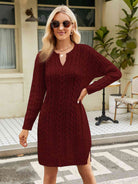 Notched Neck Cable-Knit Slit Sweater Dress - Guy Christopher